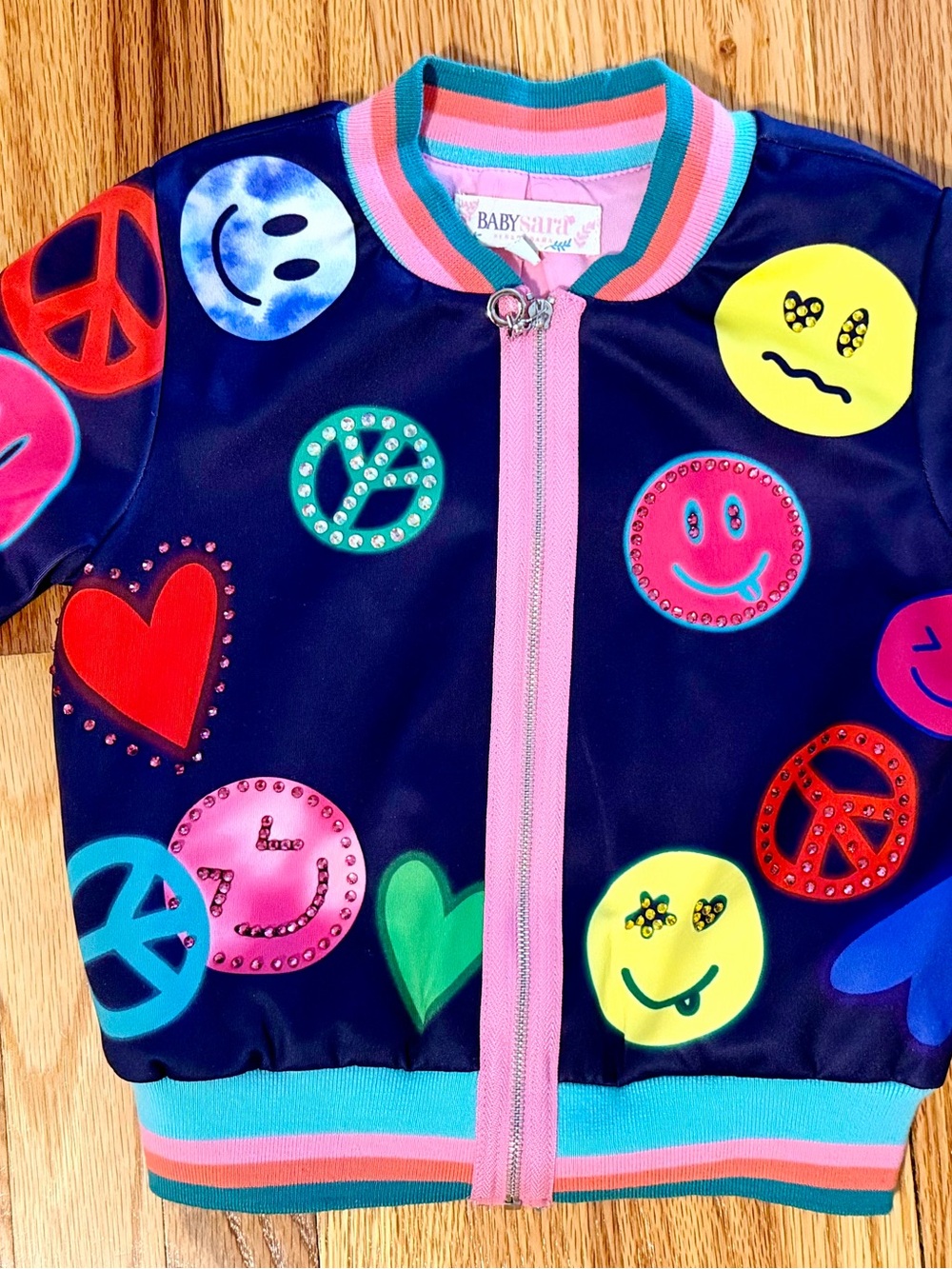 Baby Sara Girls' Happy Face Bomber Jacket with Pink Trim